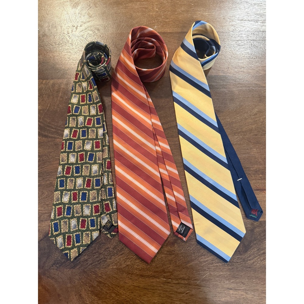 THREE Claiborne Hilfiger Woodward Earth Tone Brown Gold Ties Stripes Squares